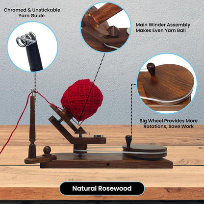Large Handcrafted Wooden Yarn Winder & Swift – Rosewood Brown Ball Winder for Crocheting, Knitting, Weaving – Heavy-Duty Yarn Winder for 8-12 oz Skeins