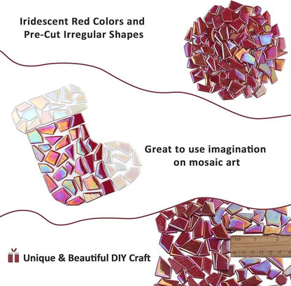 Youway Style Iridescent Glass Mosaic Tiles for Crafts Bulk,200g Red Broken Mosaic Glass Pieces for Garden Crafts Kits,DIY Mosaic Art Decor