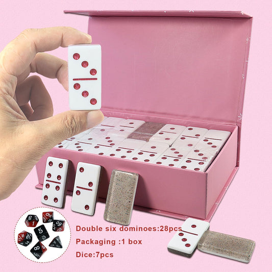 IDTQ Dominoes Set for Adults, Double 6 Dominos Game Set with 28 Domino Tiles Double with Upscale Gift Boxes -7 Polyhedral Dice -Classic Board Games (Light Brown)