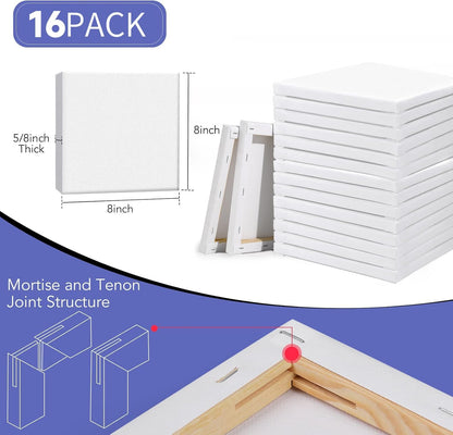 ESRICH Stretched Canvas for Painting, 16 Pack 8x8 Square Canvases for Painting Primed Acid-Free Blank Canvases,Painting Canvas for Beginners, Artists for Oil,Acrylic Paint, Pouring Painting.