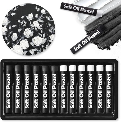 Mifuner Soft Oil Pastels Set (12 Sticks,2 Colors),Colors Heavy Oil Pastels Vibrant and Creamy,Pastel Art Supplies for Artists,Gallery Oil Painting Stick,Adult Art Drawing White and Black