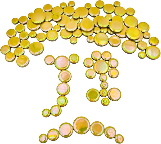 200g Iridescent Round Mosaic Tiles for Crafts Bulk, 11mm-23mm 4 Size Circular Mosaic Ceramic Pieces for Vases, Garden Decor, DIY Mosaic Making (Yellow)