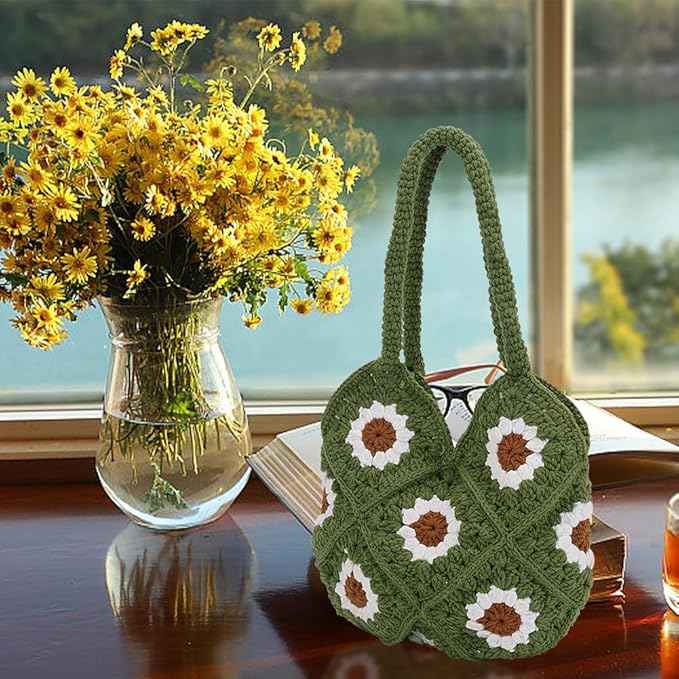FREEBLOSS DIY Crochet Set for Crochet Shoulder Bag Green Daisy Crochet Bag Kit for Beginners Crochet Tote Bag Crochet Starter Kit with Instruction for Birthday Gift