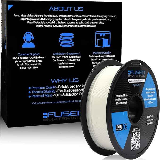 Fused Materials PLA 3D Printer Filament Fused Materials - 1kg Spool, 1.75mm, Dimensional Accuracy +/- 0.03 mm