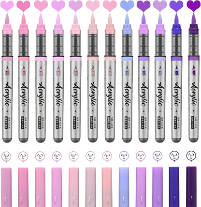 Purple Pink Acrylic Paint Pens,12 Color Paint Pens Markers,Brush Tip Paint Pens for Rock Painting Wood Glass Ceramic Canvas Stone DIY Crafts Making Art Supplies
