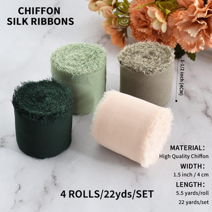 TONIFUL 4 Rolls Silk Chiffon Ribbon, 1-1/2 Inch x 22yds, Sage Green Chiffon Ribbons Set, Handmade Fringe Silk Ribbon for Gift Wrapping Bridal Bouquets Wedding Invitations Decoration Crafts - Crafty Corner