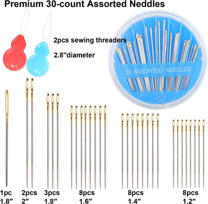 Eketirry Premium Hand Sewing Needles，1 Pack 30-Count Assorted Needles for Sewing Repair, 6 Different Sizes Sewing Needles with 2 Threaders (Blue, 1)