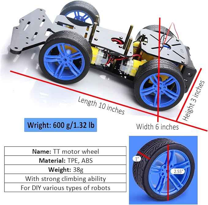 Arduino Robot Car Kit - 4WD Smart Robot Car Chassis with Motors, Wheels and Battery Case for Arduino R3/R4/Leonardo/Raspberry Pi 5/4B/3B+/3B/2B/1B+