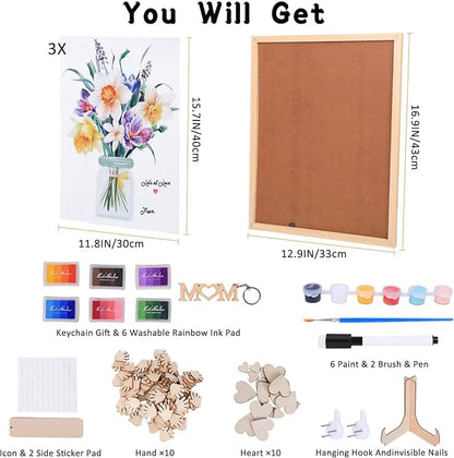 Flower Bouquet Handprint Art Craft DIY Kit, Unique Gifts for Mom & Grandma From Daughter or Son for Mother's Day Birthday, Anniversary Day, 6 Colors Non-toxic Inkpads(12" X 16", With Wood Frame)