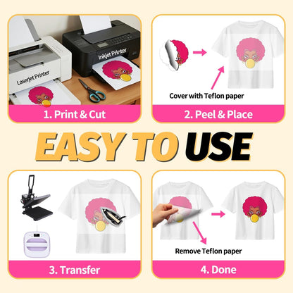 Lovein Pinkie Iron on Heat Transfer Paper for T Shirts (20 Sheets, 8.5x11'', Light Plus) Printable Heat Transfer Vinyl for Laserjet & Inkjet Printer Iron on Transfers Paper for Light Fabric (PK-L3-20)