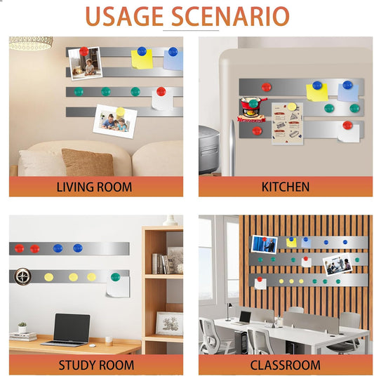 Self Adhesive Backing Metal Strip for Magnets, Flexible Ferrous Memo Tapes Roll for Bulletin Boards in Studio, Office, School (Glossy Silver, 118''L x 1.57''W, Contains 30 Magnets)