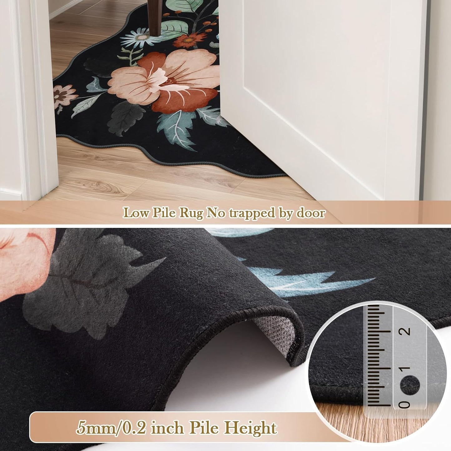 Beeiva 6x9 Rug for Living Room - Scalloped Floral Printed Bedroom Rug Machine Washable Area Rug Soft Area Rug Boho Ultra-Thin Stain Resistant Aesthetic Carpet for Playroom Dorm Office(Black,6x9ft)