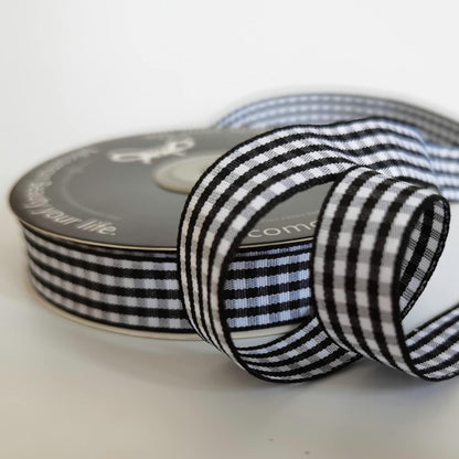 Black and White Wovon Edge Gingham Ribbon 25 Yard Each Roll 100% Polyester (5/8", Black) - Crafty Corner
