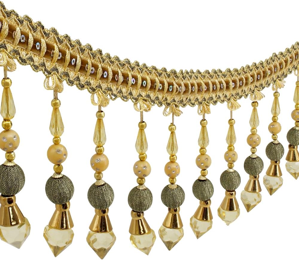 3yards Beading Fringe Trimming Long Beads Tassel Curtain Trim Ribbon Trim for Cover Edge Decorative (Gold) - Crafty Corner