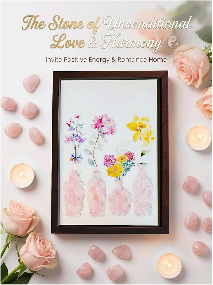 Boohyjtong DIY Rose Quartz Crystal Art Kit - Natural Pink Gemstone Mosaic Wall Decor, Framed Floral Vase Craft for Adults, Healing Love Stone Gift for Her, Wedding & Home Decor (Includes A4 Frame)