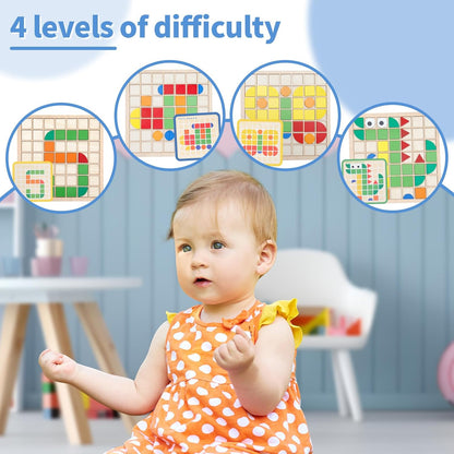 Montessori Tangram Educational, Geometric Shapes Puzzle Toys with 120Pcs Wooden Puzzle Blocks and 20Pcs Cards, Colorful Pattern Montessori Children's Educational Gifts for Kids Ages 3 and Up