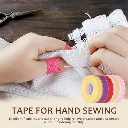 5 PCS Thimble Tape for Hand Sewing, Adjustable Sewing Thimble Finger Protector Tape, Comes with 1 Small Pair of Scissors, Suitable for Tailors and Home DIY Enthusiasts - Multicolor