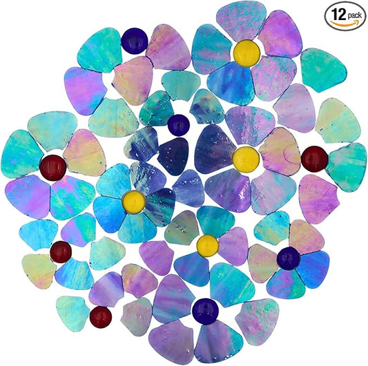 Yuvori Iridescent Flower Mosaic Tiles – 12pcs Mixed Sizes, 5-Petal Iridescent Mica Flowers with Center Beads for DIY Mosaic Art, Fairy Garden, Home Craft, Outdoor Decor (Iridescent Royal Blue)