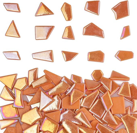 Youway Style Iridescent Glass Mosaic Tiles for Crafts Bulk,200g Orange Broken Mosaic Glass Pieces for Garden Crafts Kits,DIY Mosaic Art Decor