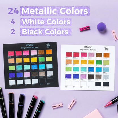 Ohuhu Metallic Acrylic Paint Markers 24 Metallic Colors 30 Pens: Dual Tips (Round & Fine) Acrylic Markers High Opacity Paint Pens for Rock Painting Eggs Wood Glass Ceramic - Kakaako