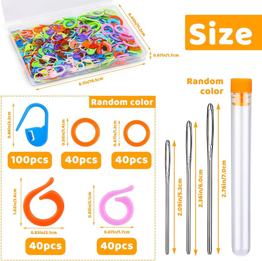 Yizzvb 263 Pcs Stitch Ring Markers, Knitting Stitch Rings with Plastic Box, 3 Types Knit Counting Ring Crochet Sewing Locking Accessories and 3 Pcs Large-Eye Blunt Needles for DIY Handmade Crafts
