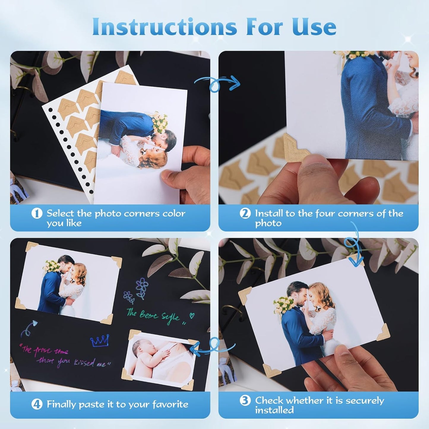 GOONAVI 15 Sheets 360 PCS Rose Gold Photo Corners Notebook, Self-Adhesive Corners for DIY Album Journal, Corner Stickers for Trip Memory Book