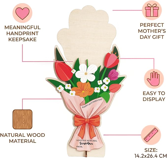 HYPERI DIY Mothers Day Crafts for Kids Handprint Art, Handprints Wooden Rose Flower Bouquet, Mothers Day Gifts for Mom from Kids, for Grandma from Grandkids, Mothers Day Keepsake Craft (Grandma)