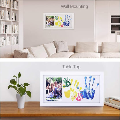 NWK DIY Family Photo + Family Hand/Footprints Kit with 10 X 17inch Elegant White Wood Picture Frame, Non-Toxic Watercolor Paints, Baby Shower Adoption Father's Day Gift for New Mom Dad (with Ink pad)