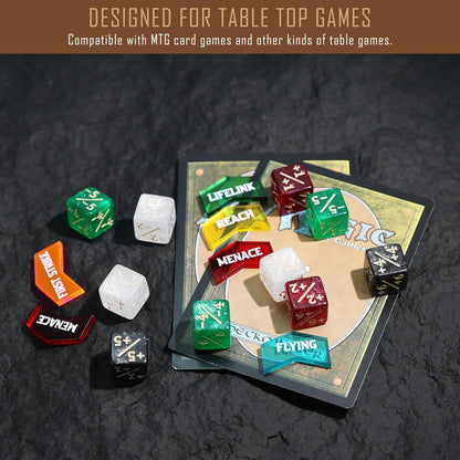108PCS MTG Keyword Tokens & 12mm MTG Life Counter Dice Set for Magic Card, CCG Creature Stats Loyalty Dice with Box, Magic TCG Card Game Accessories