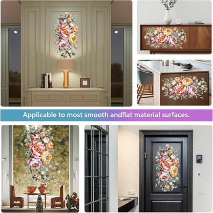 GLOBLELAND 4 Sheets Spring Peony Flowers Furniture Transfer 11.8x5.9inch Vintage Flowers Rub on Transfer UV Self-Adhesive Stickers Wall Art Craft for Bedroom Living Room Desk Table