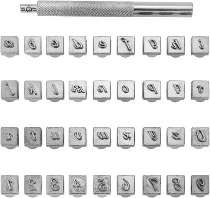 Yoption 37 Pieces Leathercarft Stamping Tool Set, 26 Letters Alphabet & 10 Numbers Stamps Steel Punch Tool 3mm+1 Stamping Handle for Leather Craft
