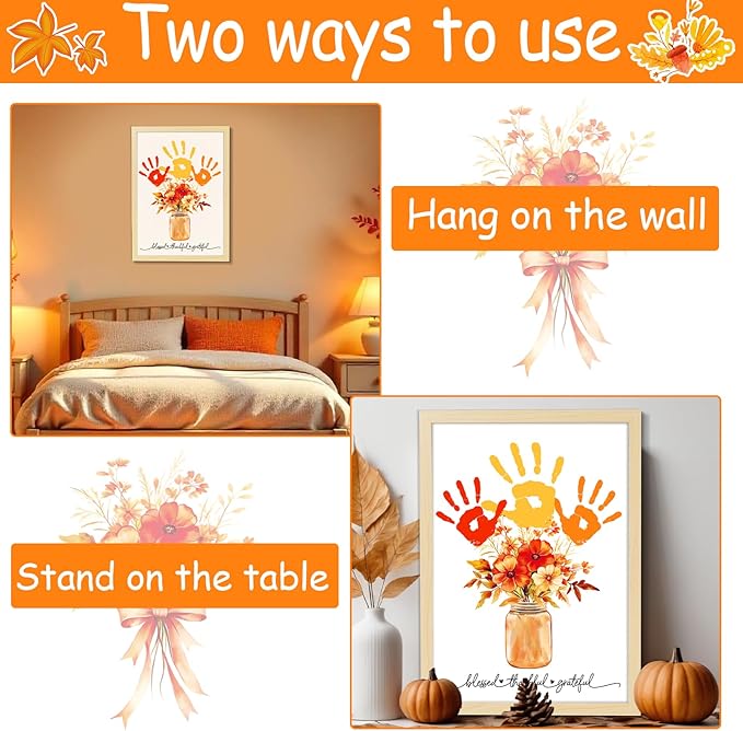 Fall Thanksgiving Flower Bouquet Handprint Art Craft DIY Kit Thanksgiving Day Family Handprint Bouquet in Vase Keepsake with Wood Frame Fall Thankful DIY Gifts for Mom Dad Holiday Birthday 12x16 Inch
