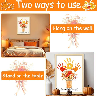 Fall Thanksgiving Flower Bouquet Handprint Art Craft DIY Kit Thanksgiving Day Family Handprint Bouquet in Vase Keepsake with Wood Frame Fall Thankful DIY Gifts for Mom Dad Holiday Birthday 12x16 Inch