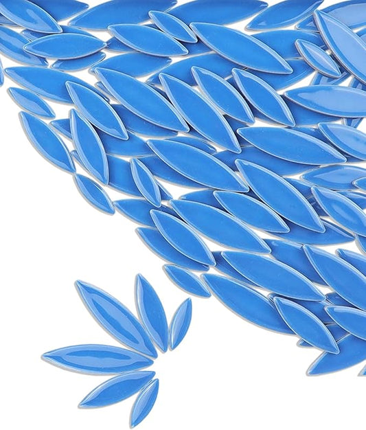 200g Ceramic Petals Bulk Mosaic Tiles for Craft, Small Oval Stepping Stone Kit, Glazed Porcelain Pieces for Coaster Tray House Number Mirror Lamp Home Decorations (Lake Blue)