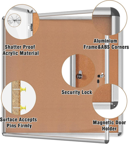 38"x38" Enclosed Bulletin Board, Lockable Weather-Resistant Aluminum Cork Noticeboard for School & Office, Silver Frame w/Cork