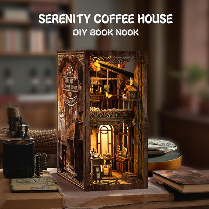 [2025 New] Coffee House Book Nook Kit with Dust Cover & LED Light, DIY Miniature House Kit Toy, 3D Wooden Puzzle Bookshelf Decor Building Kit, Birthday Gifts for Family & Friends