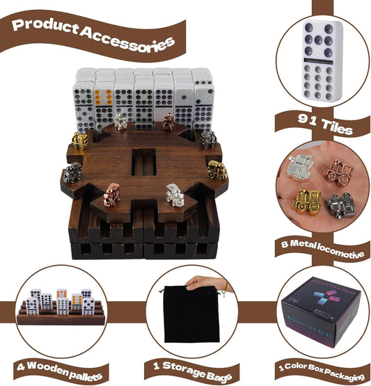 Mexican Train Dominoes Set with Wooden Hub, 91 Domino Tile Board Games Includes Metal Train Markers Color Dot Double Twelve Set with 4 Woodentile Rack for Family Game Night(Burnt Color)