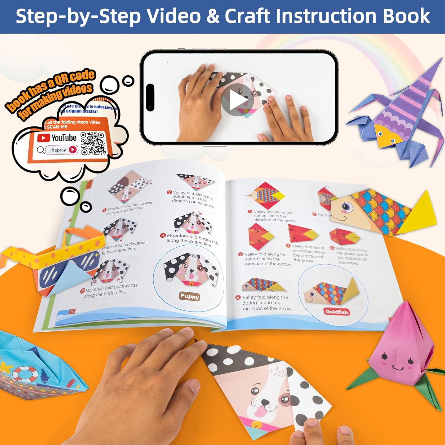 Origami Paper Kit for Kids Ages 5-8 8-12,152 Sheets Origami Paper - 72 Double Sided Patterns with Instructional Book,DIY Art Craft Projects,Travel Game Activity,Gift for Boys Girls Beginners - Crafty Corner