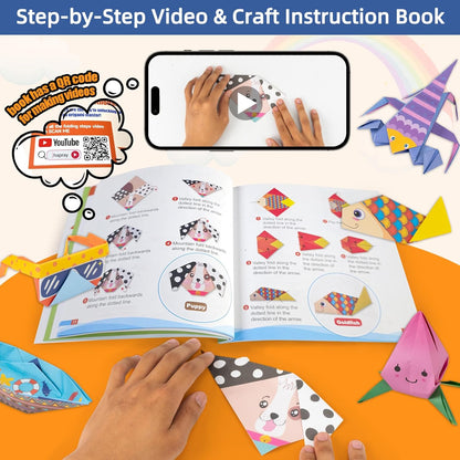 Origami Paper Kit for Kids Ages 5-8 8-12,152 Sheets Origami Paper - 72 Double Sided Patterns with Instructional Book,DIY Art Craft Projects,Travel Game Activity,Gift for Boys Girls Beginners - Crafty Corner