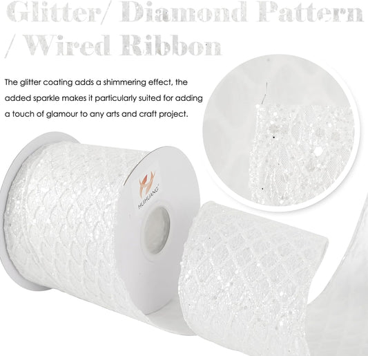 HUIHUANG White Glitter Wired Ribbon, 4 Inch x 30 Ft, Geometric Pattern, Polyester Material, Christmas Occasion - Crafty Corner