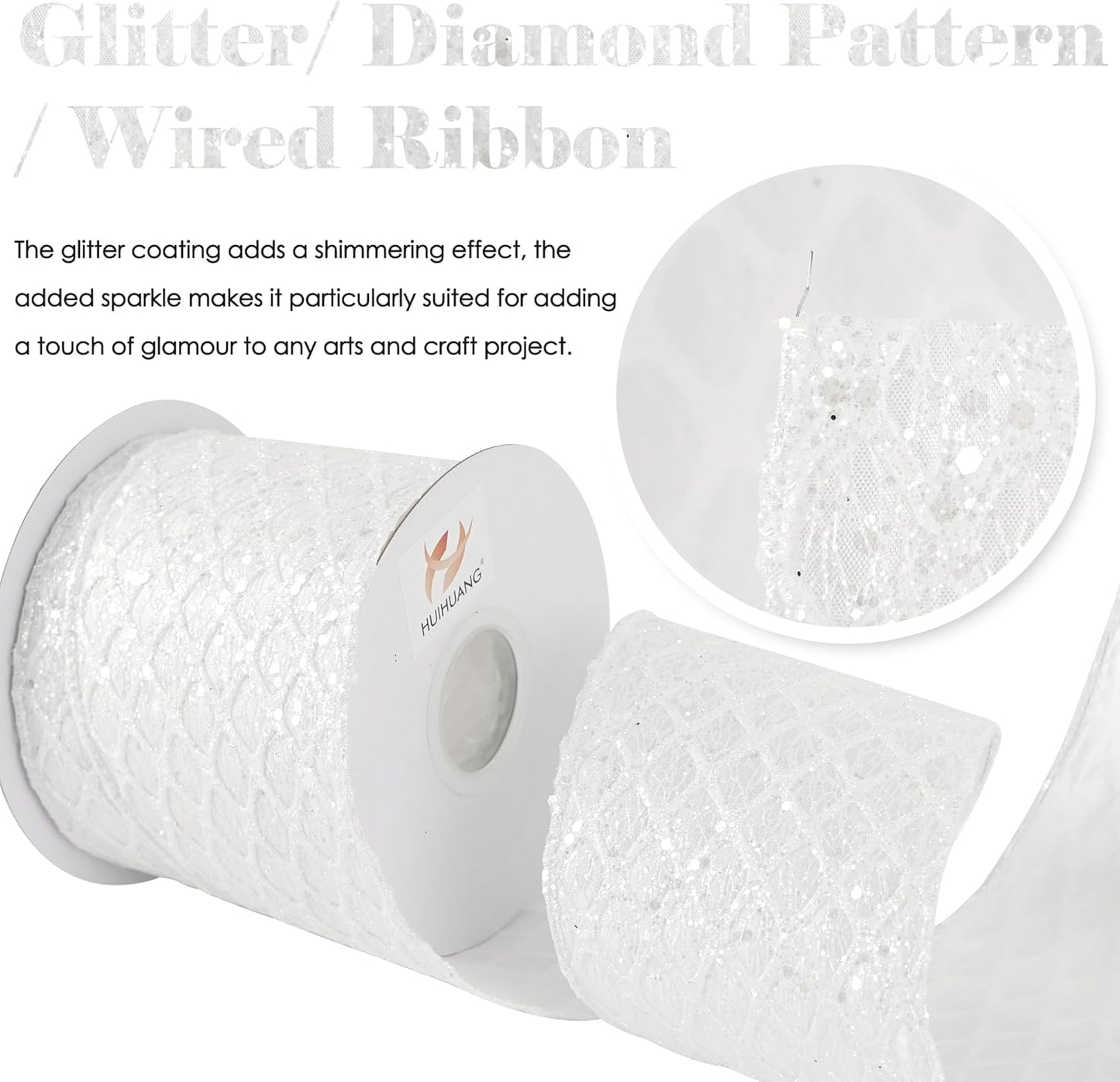 HUIHUANG White Glitter Wired Ribbon, 4 Inch x 30 Ft, Geometric Pattern, Polyester Material, Christmas Occasion - Crafty Corner