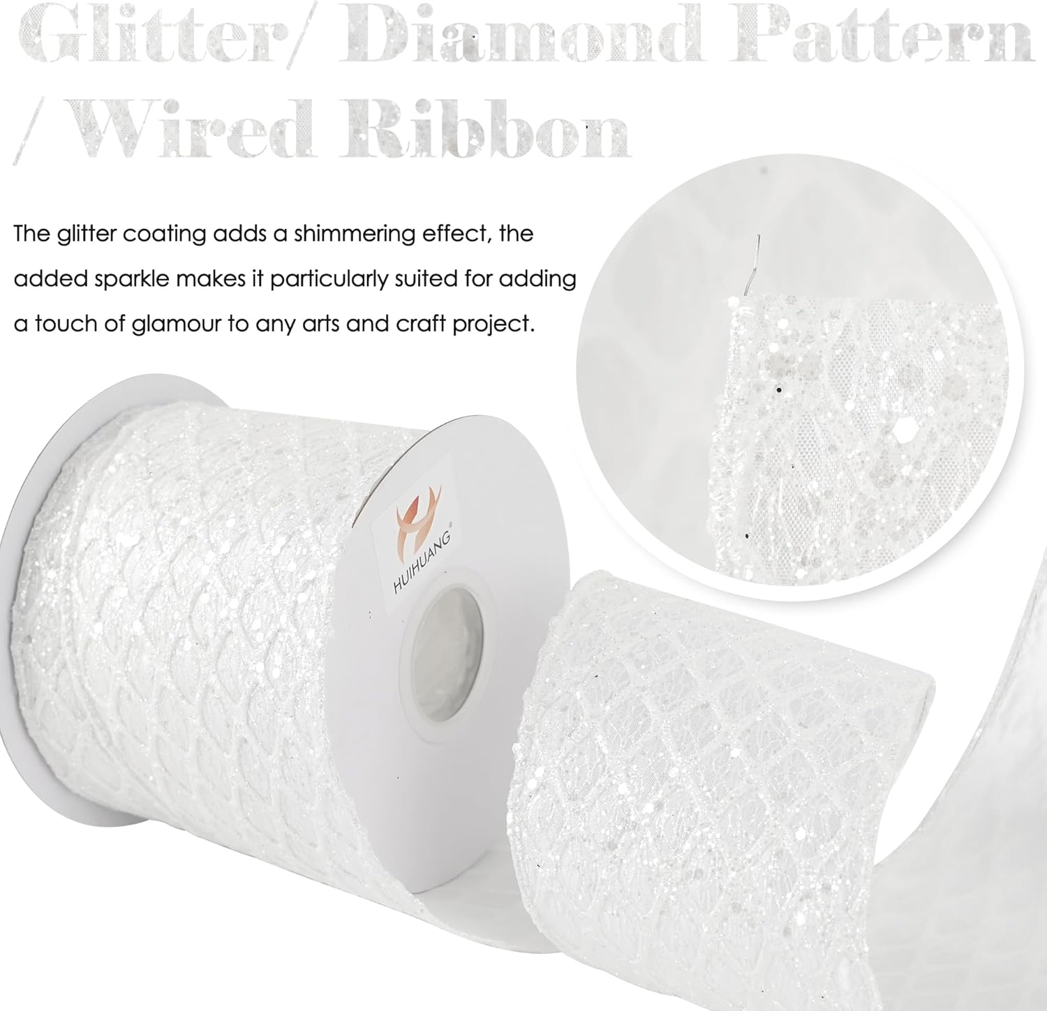 HUIHUANG White Glitter Wired Ribbon, 4 Inch x 30 Ft, Geometric Pattern, Polyester Material, Christmas Occasion - Crafty Corner