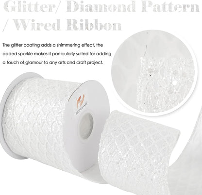 HUIHUANG White Glitter Wired Ribbon, 4 Inch x 30 Ft, Geometric Pattern, Polyester Material, Christmas Occasion - Crafty Corner