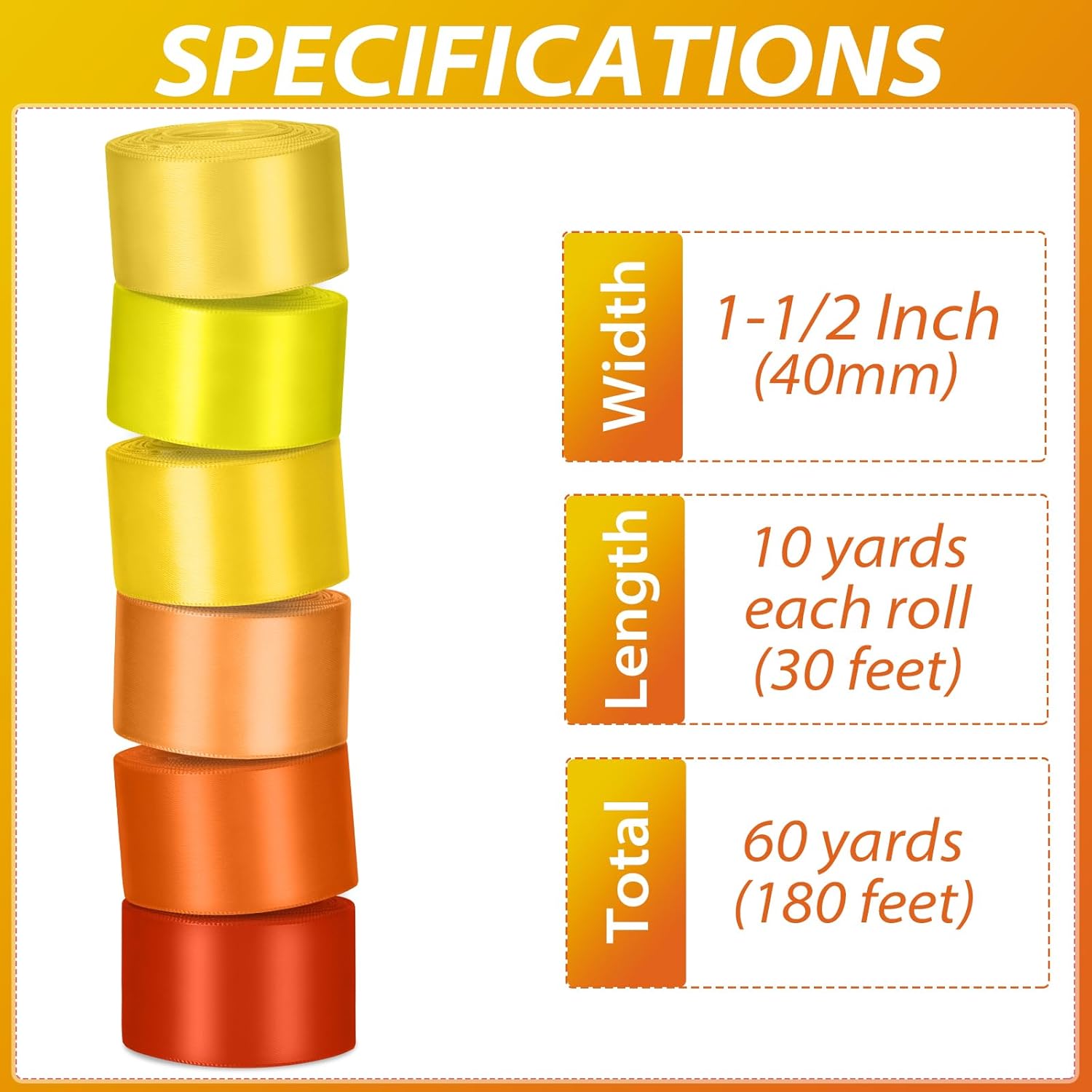 1-1/2 Inch Orange Satin Ribbons for Crafts, 6 Rolls Single-Faced Orange Assorted Ribbons for Gift Wrapping Flower Bouquet Wedding Invitations Bridal Shower Hair Bows Garland Party Decor - Crafty Corner