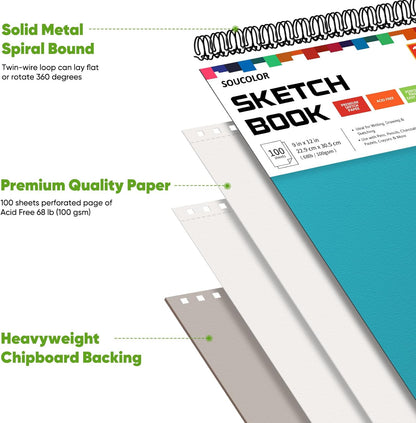 Soucolor School Supplies 9" x 12" Sketch Book for High College Teacher Student, 1-Pack 100 Sheets Spiral Bound Art Sketchbook, Acid Free (68lb/100gsm) Artist Blank Book for Kids, Back to School Stuff - Crafty Corner