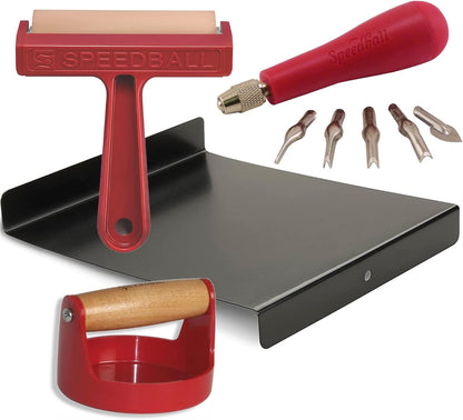 Speedball Block Printing Tool Set (4-Piece) - Includes Linocut Carving Tool, Roller Brayer, Printmaking Baren, and Bench Hook - Made in USA
