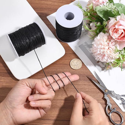 2 Rolls 200 Yards 1MM Black Wax Cotton Cord Beading Rope Thread String Macrame Artisan Soft Sturdy Waxed Sewing Cords Spool for Jewelry Making Bracelets Necklace Crafting Vase Decor Supply
