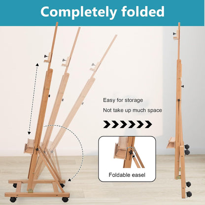 H-Frame Studio Easel, Beechwood Artist Easel with Wheels and Storage Tray, Adjustable Floor Easel Stand Holding Canvas up to 51Inches for Painting, Natural