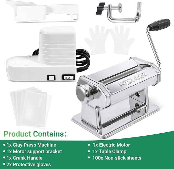 WECLAYER Electric Polymer Clay Press Machine Set,Dual Mode Clay Roller Machine,Clay Pasta Machine with 7 Thickness,Includes 100Pcs Non-Stick Sheets,Gloves,Polymer Clay Tools for Clay Earring Making