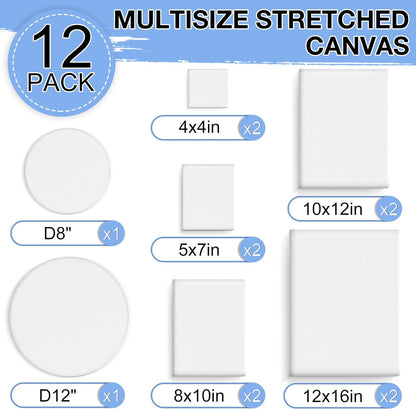 ESRICH 12 Pack Stretched Canvas for Painting, 4x4, 5x7, 8x10, 10x12, 12x16(2 of Each), Round Canvas with 8x8, 12x12(1 of Each), Blank Canvases Primed Paint Canvas for Beginners, Artists
